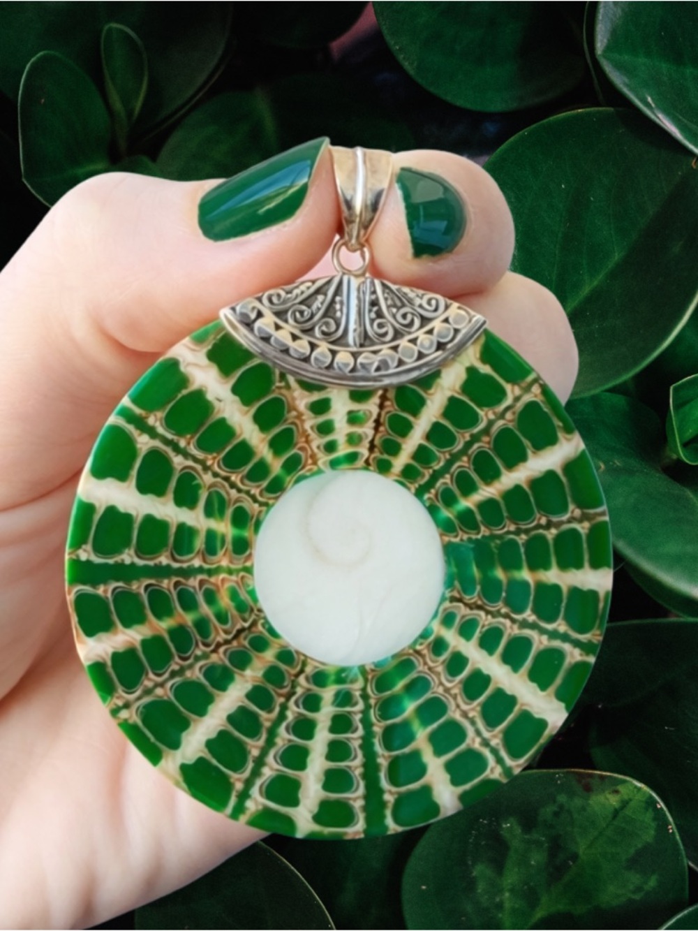 Sterling Silver Shell Pendant | Hand-Painted Green Shell | 925 Signed Bale | New